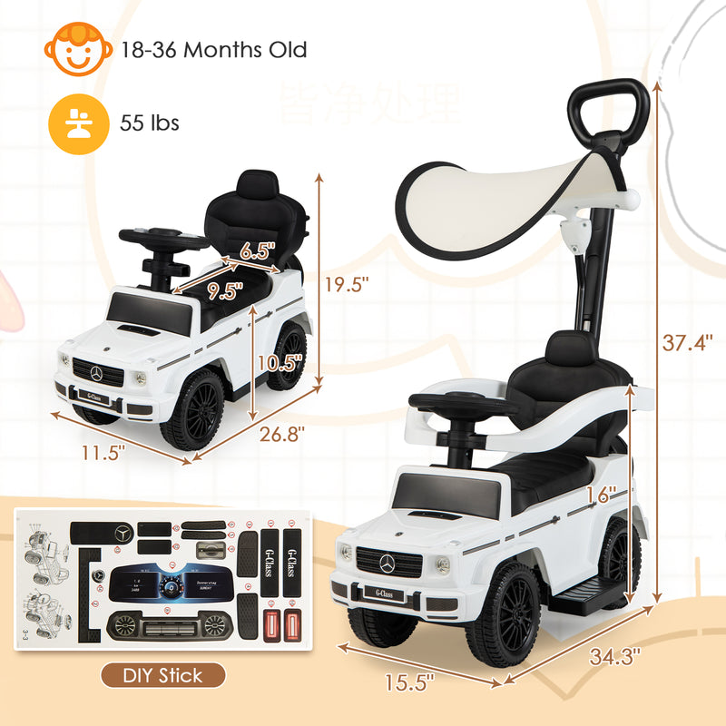 3-in-1 Mercedes G350 Ride-On Push Car | Stroller w/ Canopy (White)