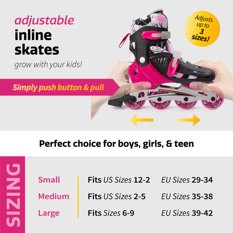 Adjustable Inline Skates Pink Kids Roller Skates with Growing Size Fit