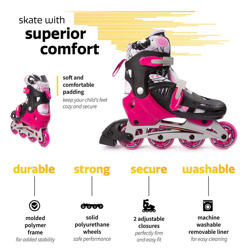 Adjustable Inline Skates Pink Kids Roller Skates with Growing Size Fit