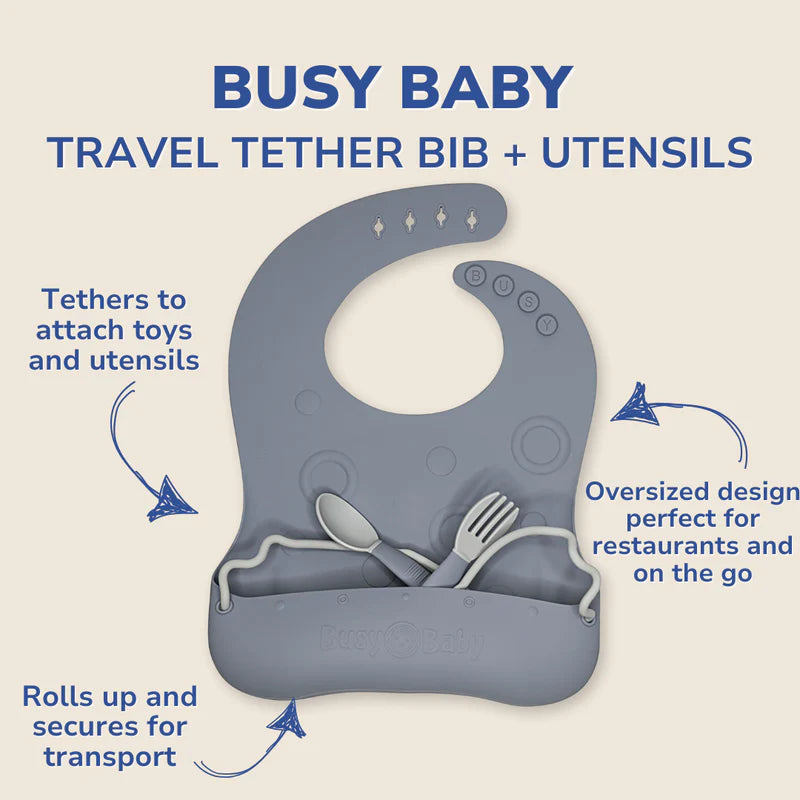 Travel Tether Bib+ Utensils Baby Feeding Set Portable Bib & Spoon Kit