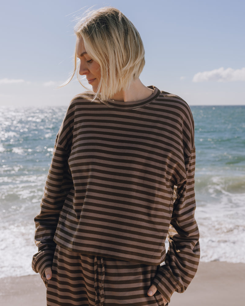 Striped Cotton Long Sleeve Mocha Coco Monochrome Patch Casual Top