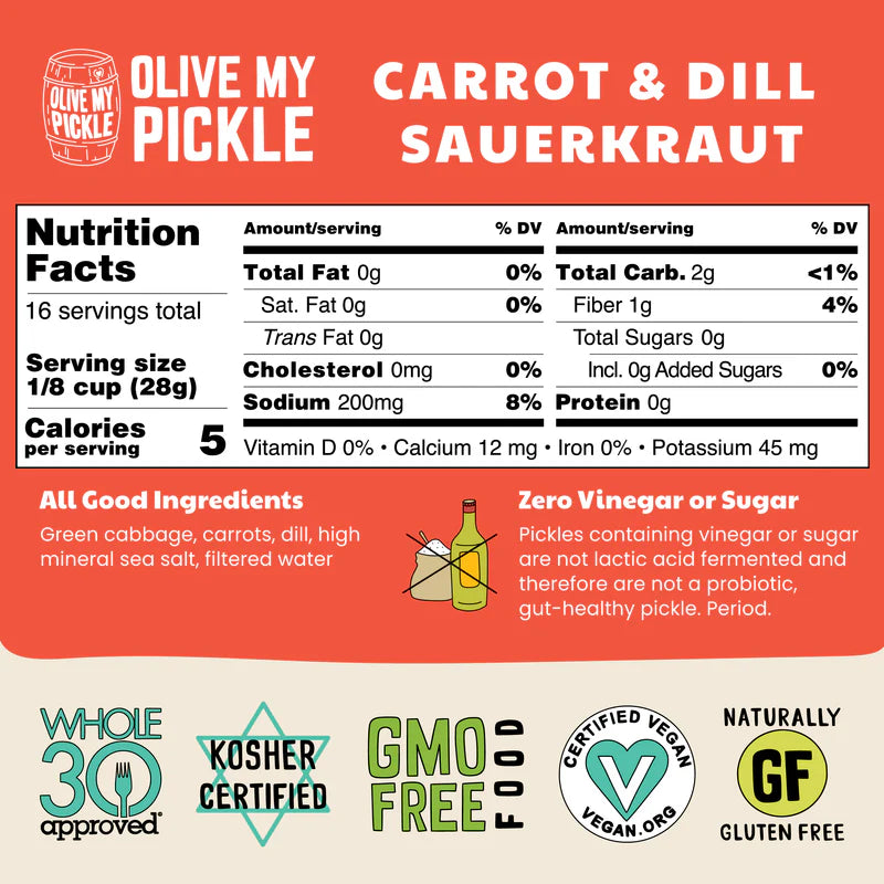 Carrot & Dill Fermented Sauerkraut Probiotic Tangy Gourmet Vegetable Blend