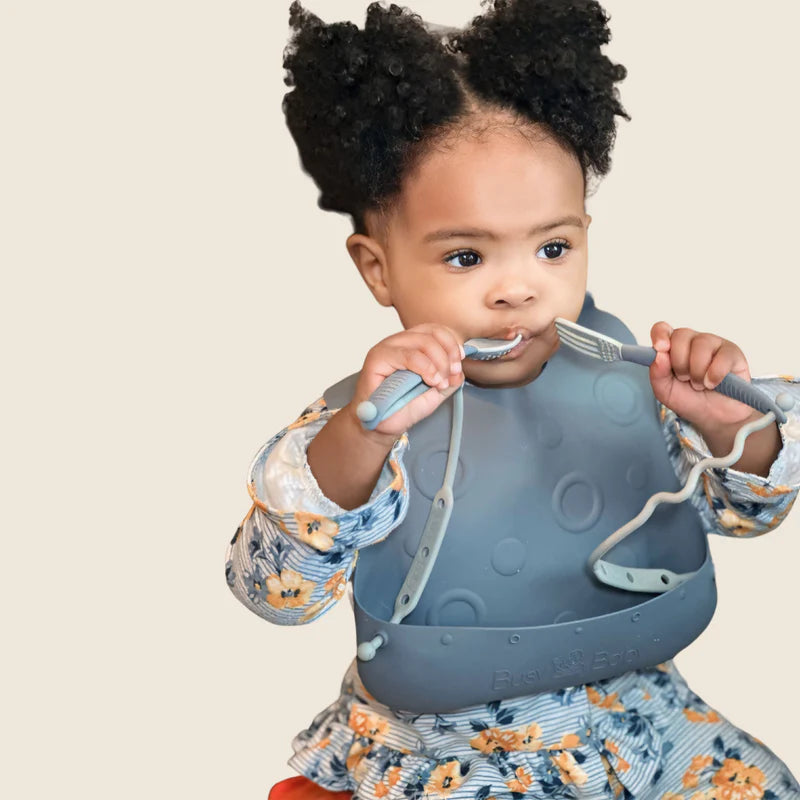 Travel Tether Bib+ Utensils Baby Feeding Set Portable Bib & Spoon Kit