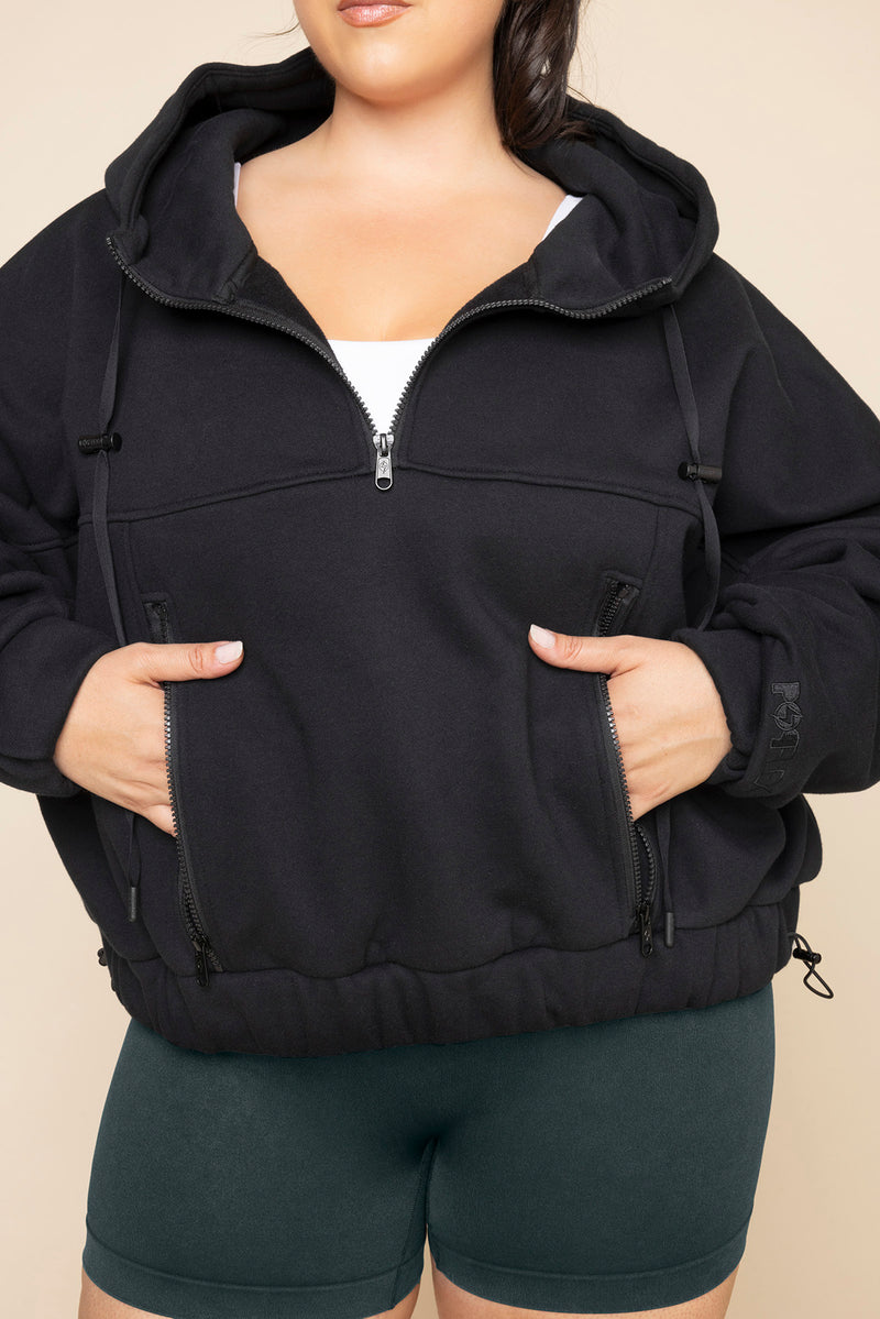 Half Zip Warm Up Hoodie Black Athletic Pullover Soft Fleece Activewear