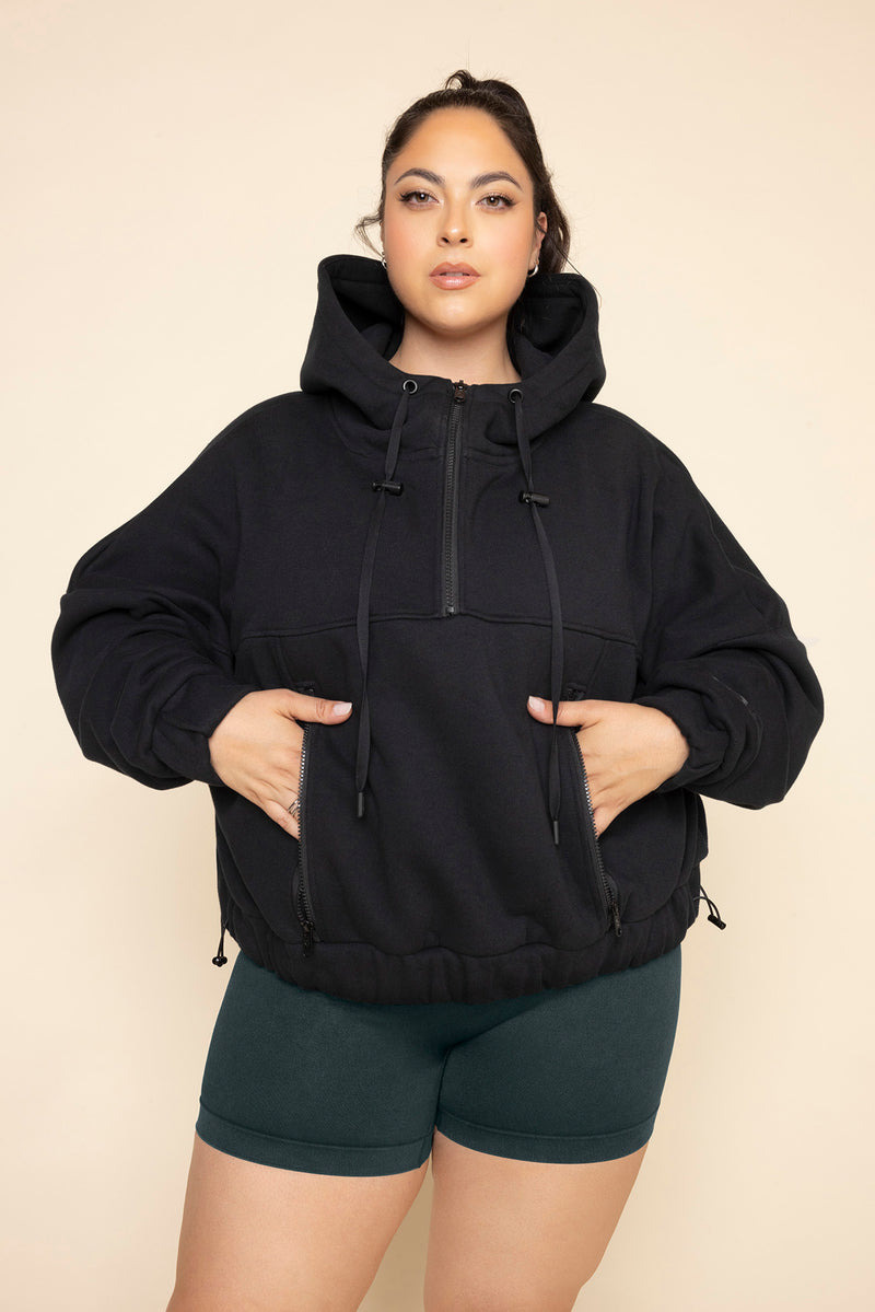 Half Zip Warm Up Hoodie Black Athletic Pullover Soft Fleece Activewear