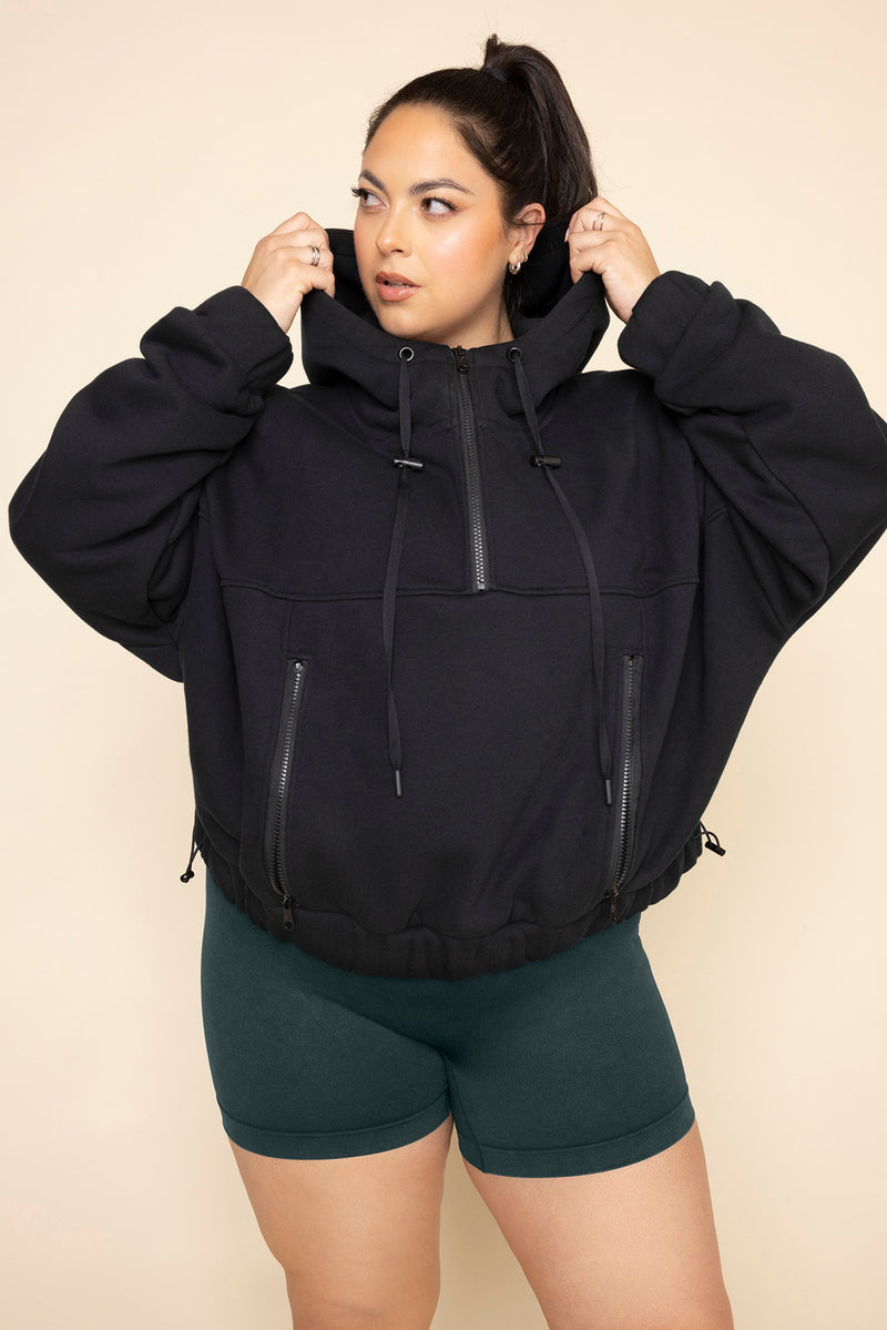 Half Zip Warm Up Hoodie Black Athletic Pullover Soft Fleece Activewear