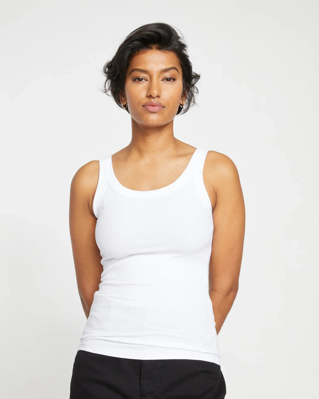 Logo Ribbed Tank White Stretch Fit Sleeveless Casual Top