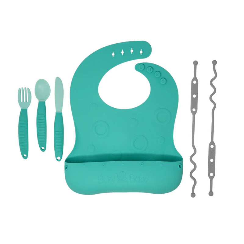 Travel Tether Bib+ Utensils Baby Feeding Set Portable Bib & Spoon Kit