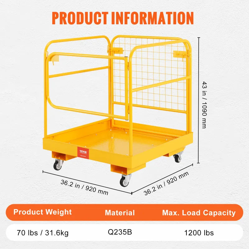36x36in Forklift Safety Cage 1200LB Folding Work Platform with Wheels