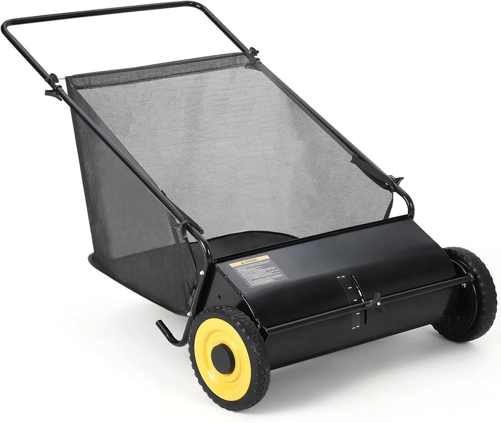 26in Push Lawn Sweeper 7FT³ Grass & Leaf Collector with 4 Spinning Brushes
