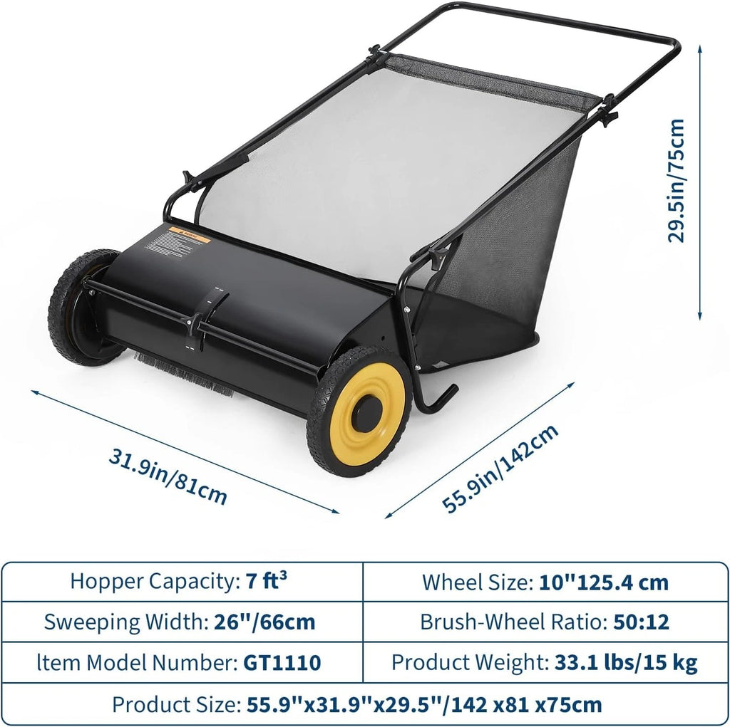 26in Push Lawn Sweeper 7FT³ Grass & Leaf Collector with 4 Spinning Brushes