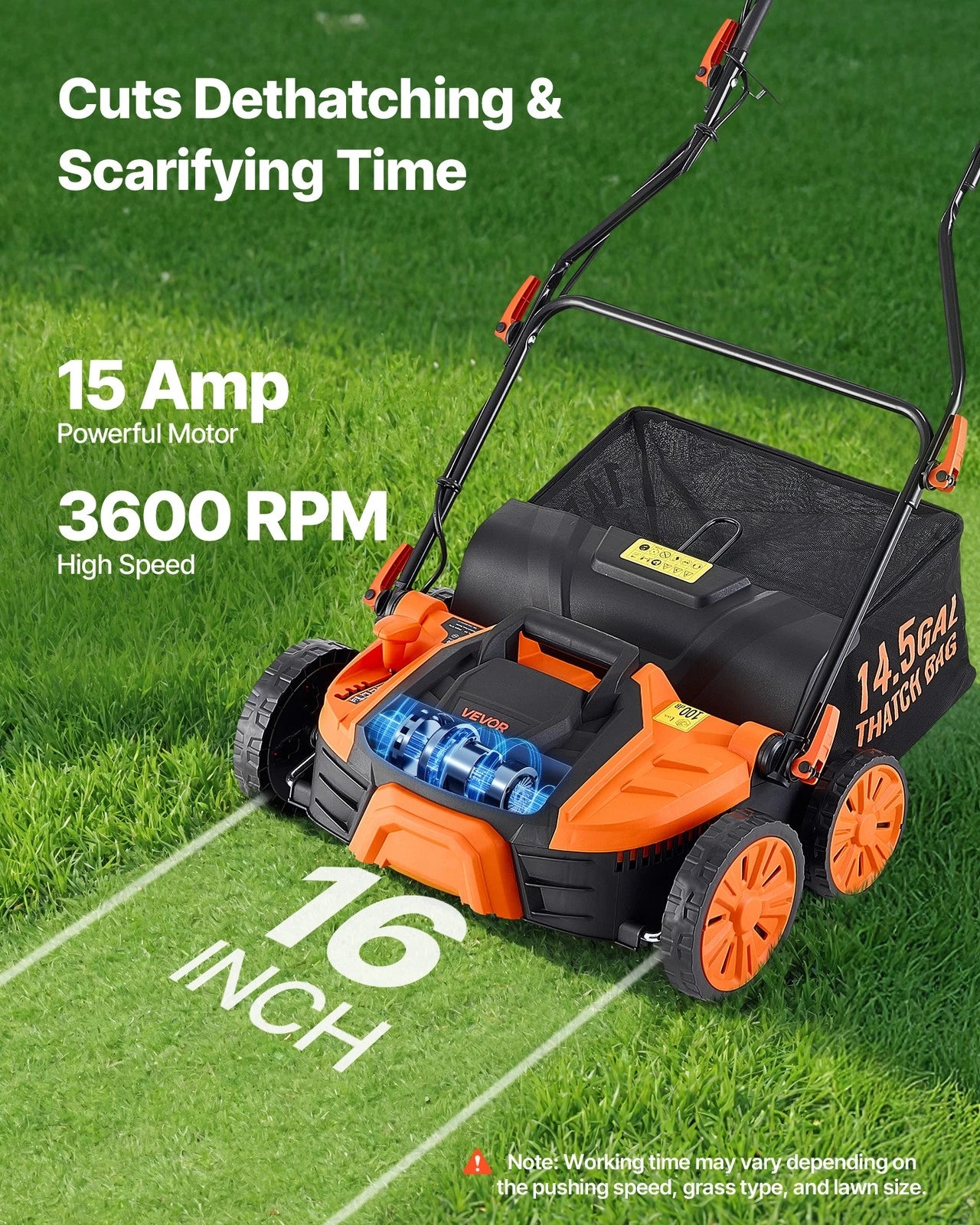 16in 15Amp Electric Dethatcher & Scarifier with 14.5Gal Collection Bag