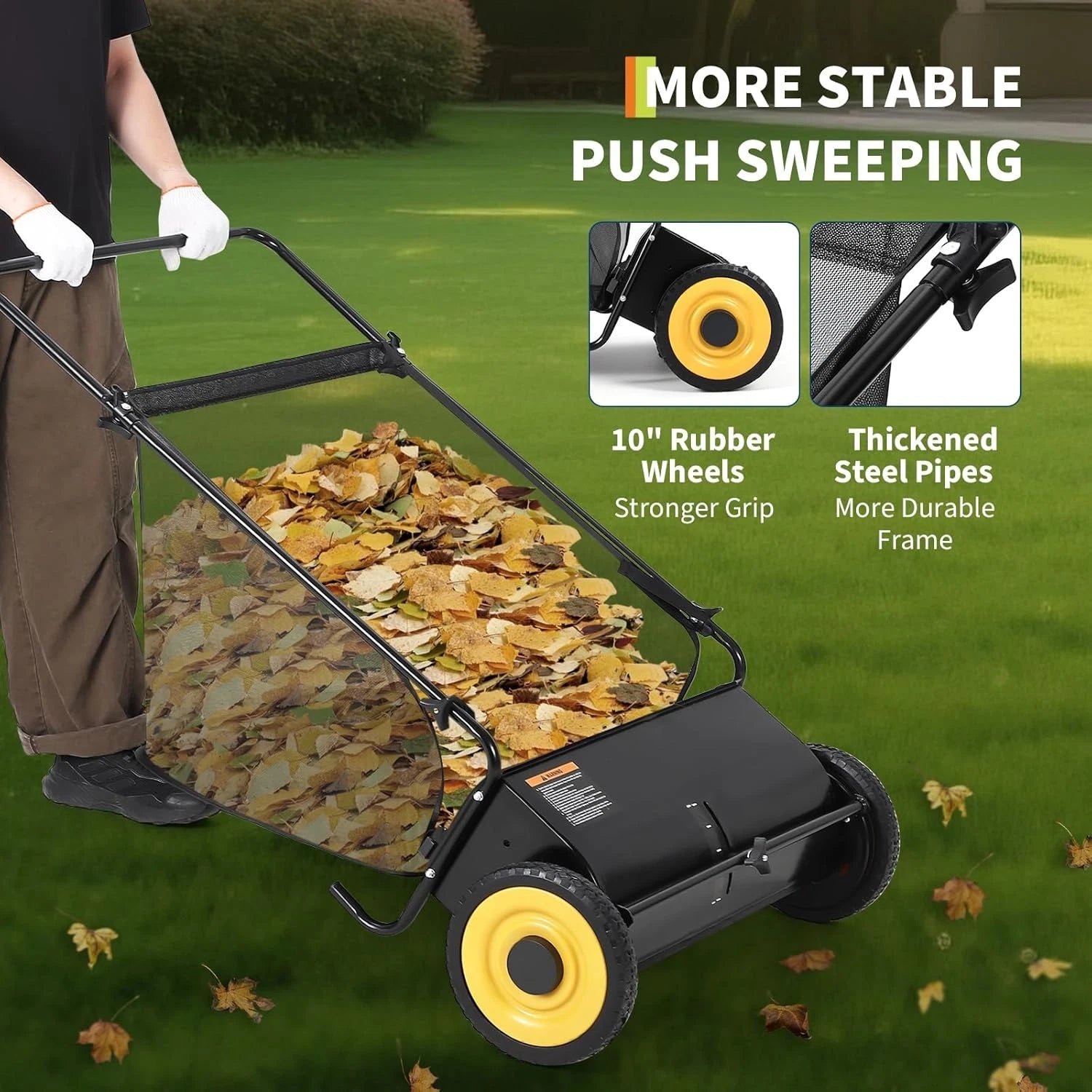 26in Push Lawn Sweeper 7FT³ Grass & Leaf Collector with 4 Spinning Brushes