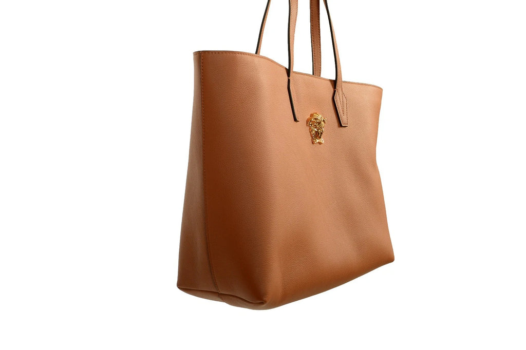 Versace Women's Cognac Grainy Leather Gold Medusa Tote Shoulder Bag