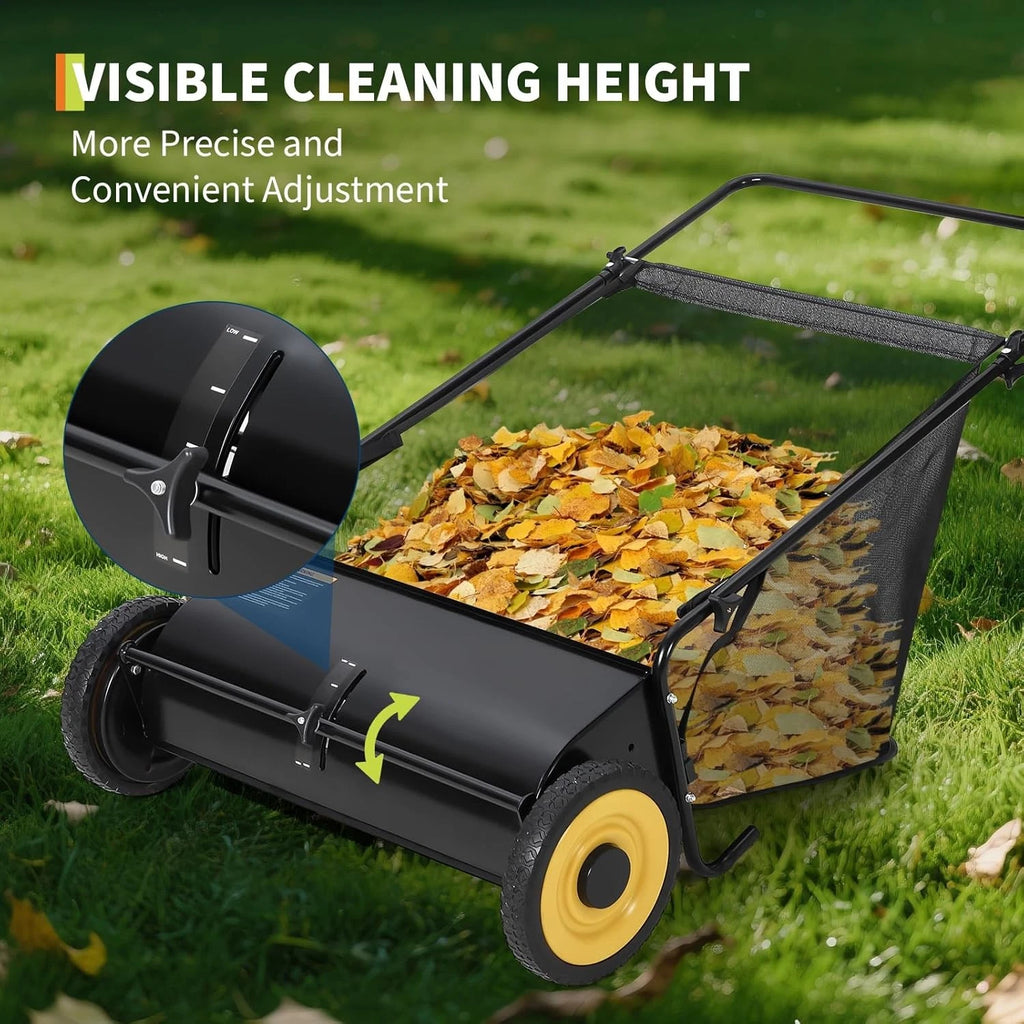 26in Push Lawn Sweeper 7FT³ Grass & Leaf Collector with 4 Spinning Brushes