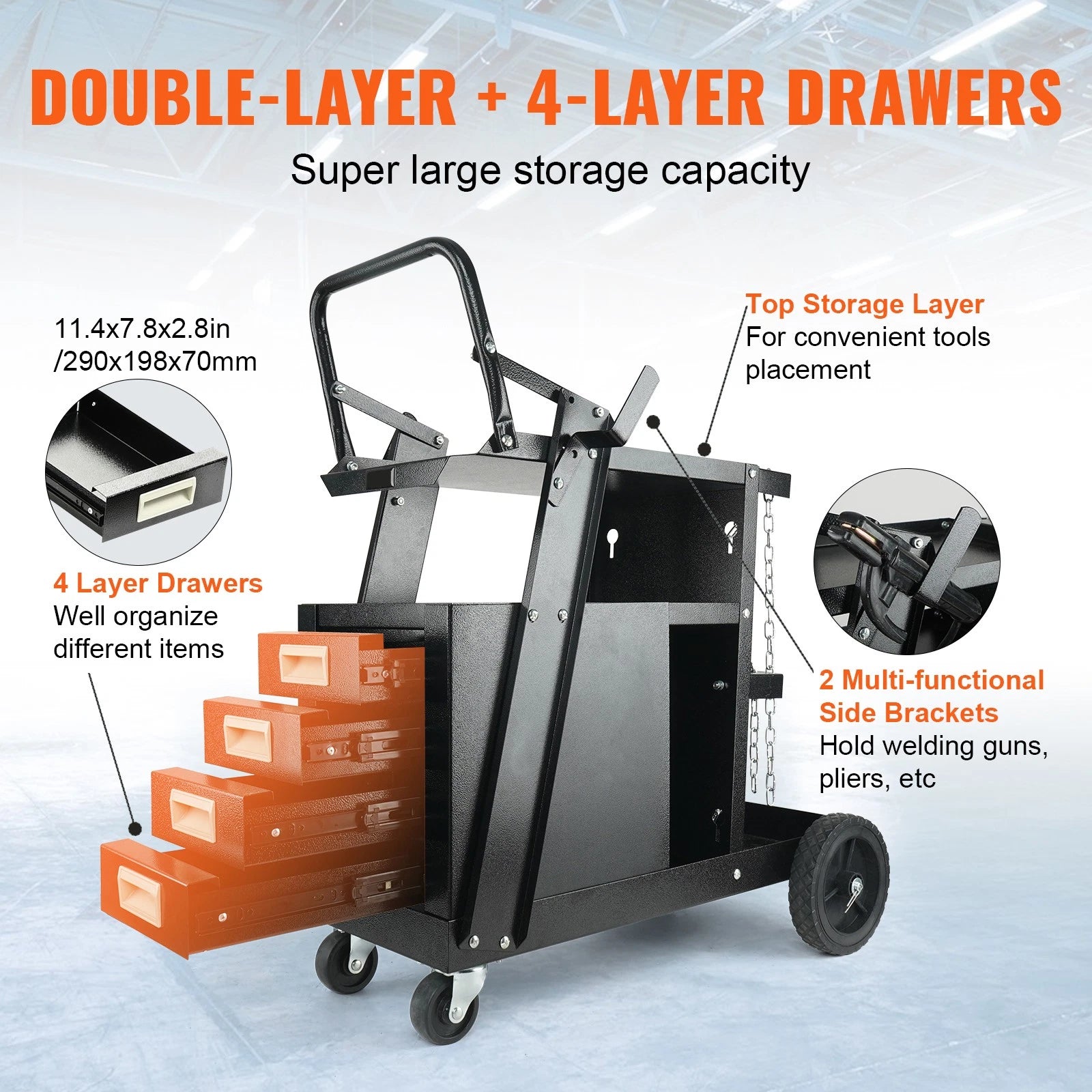 2-Tier Welding Cart with 4 Drawers Heavy Duty MIG Welder Cart on Wheels