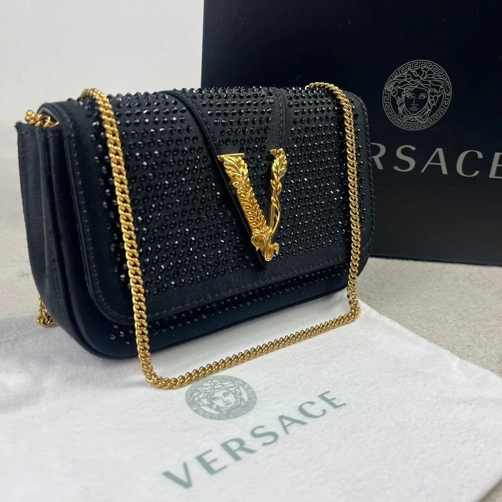 Authentic Versace Black Silk Leather Chain Shoulder Bag Pre-Owned