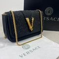 Authentic Versace Black Silk Leather Chain Shoulder Bag Pre-Owned