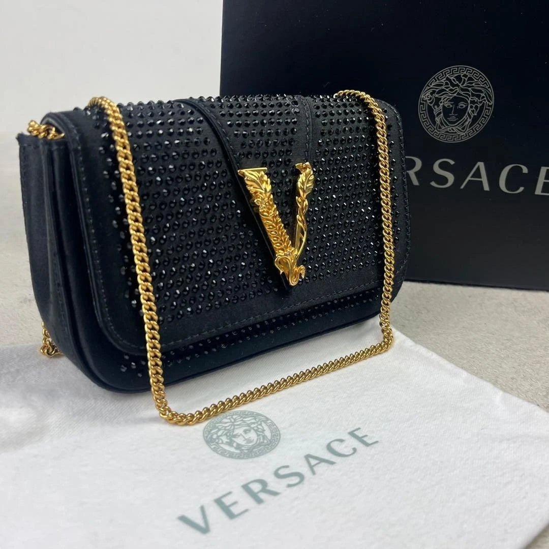 Authentic Versace Black Silk Leather Chain Shoulder Bag Pre-Owned