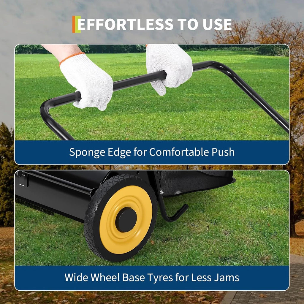 26in Push Lawn Sweeper 7FT³ Grass & Leaf Collector with 4 Spinning Brushes