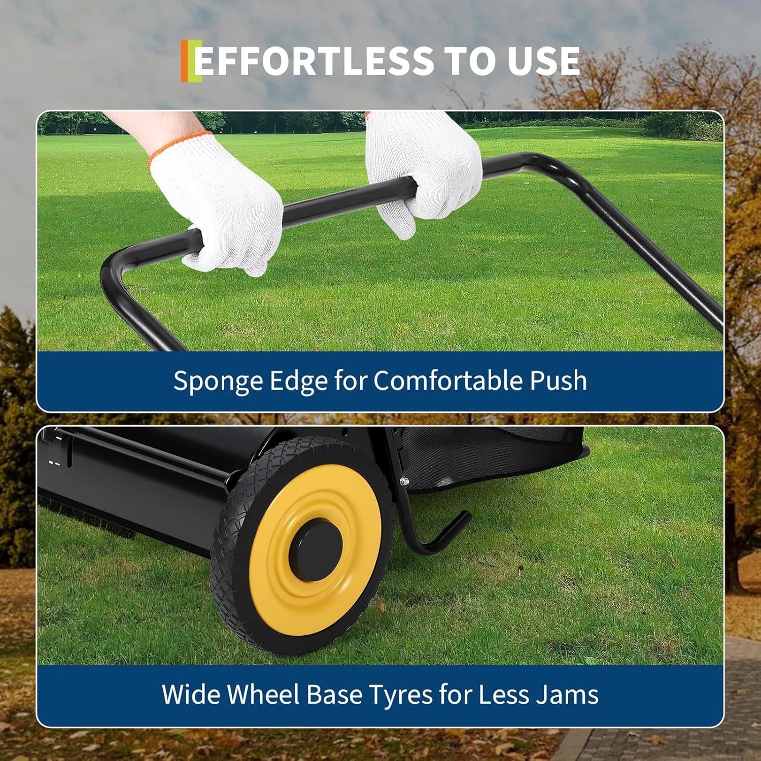 26in Push Lawn Sweeper 7FT³ Grass & Leaf Collector with 4 Spinning Brushes