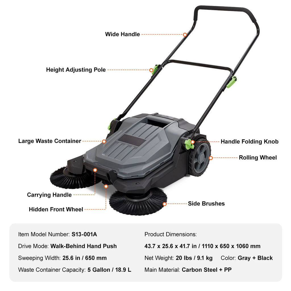 Walk-Behind Push Floor Sweeper with 5-Gallon Bin for Yard Garage Patio