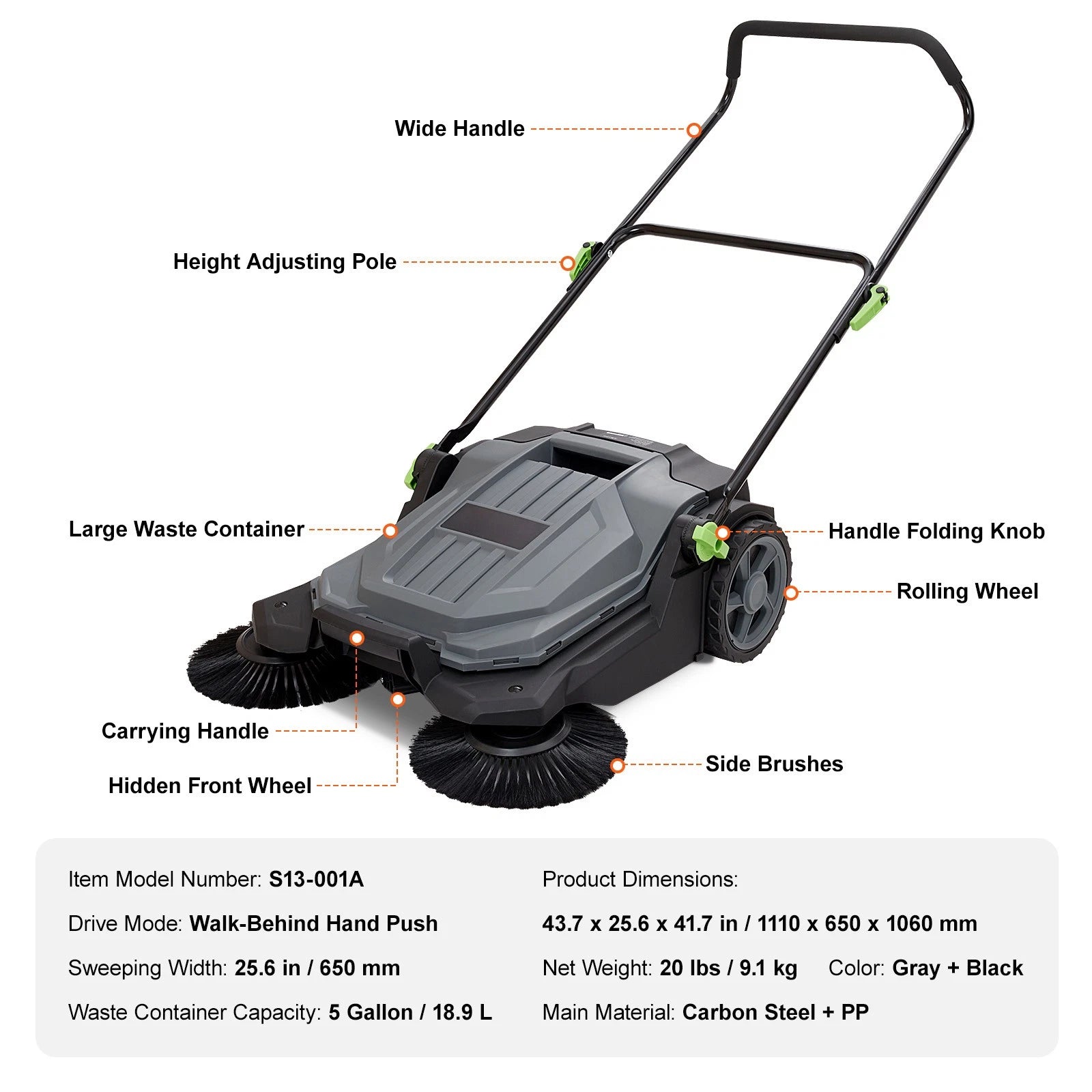 Walk-Behind Push Floor Sweeper with 5-Gallon Bin for Yard Garage Patio