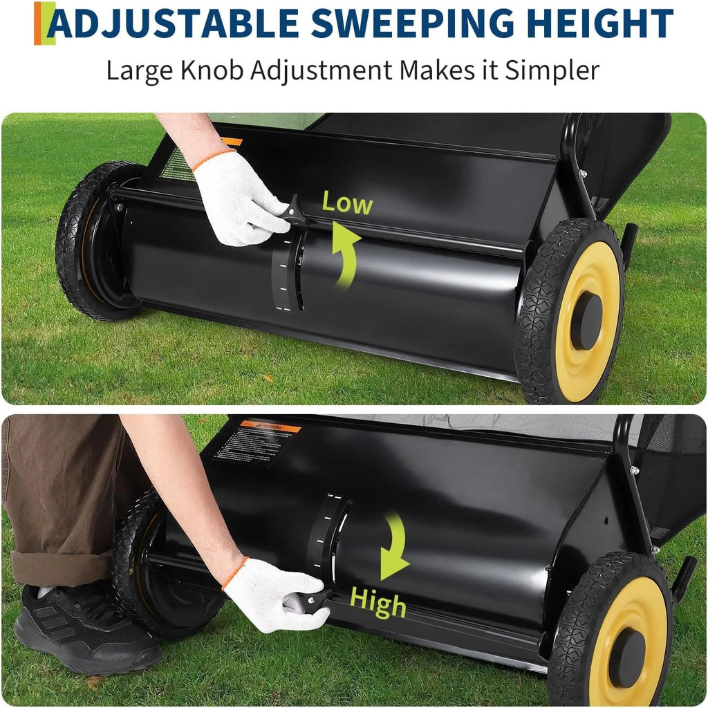 26in Push Lawn Sweeper 7FT³ Grass & Leaf Collector with 4 Spinning Brushes