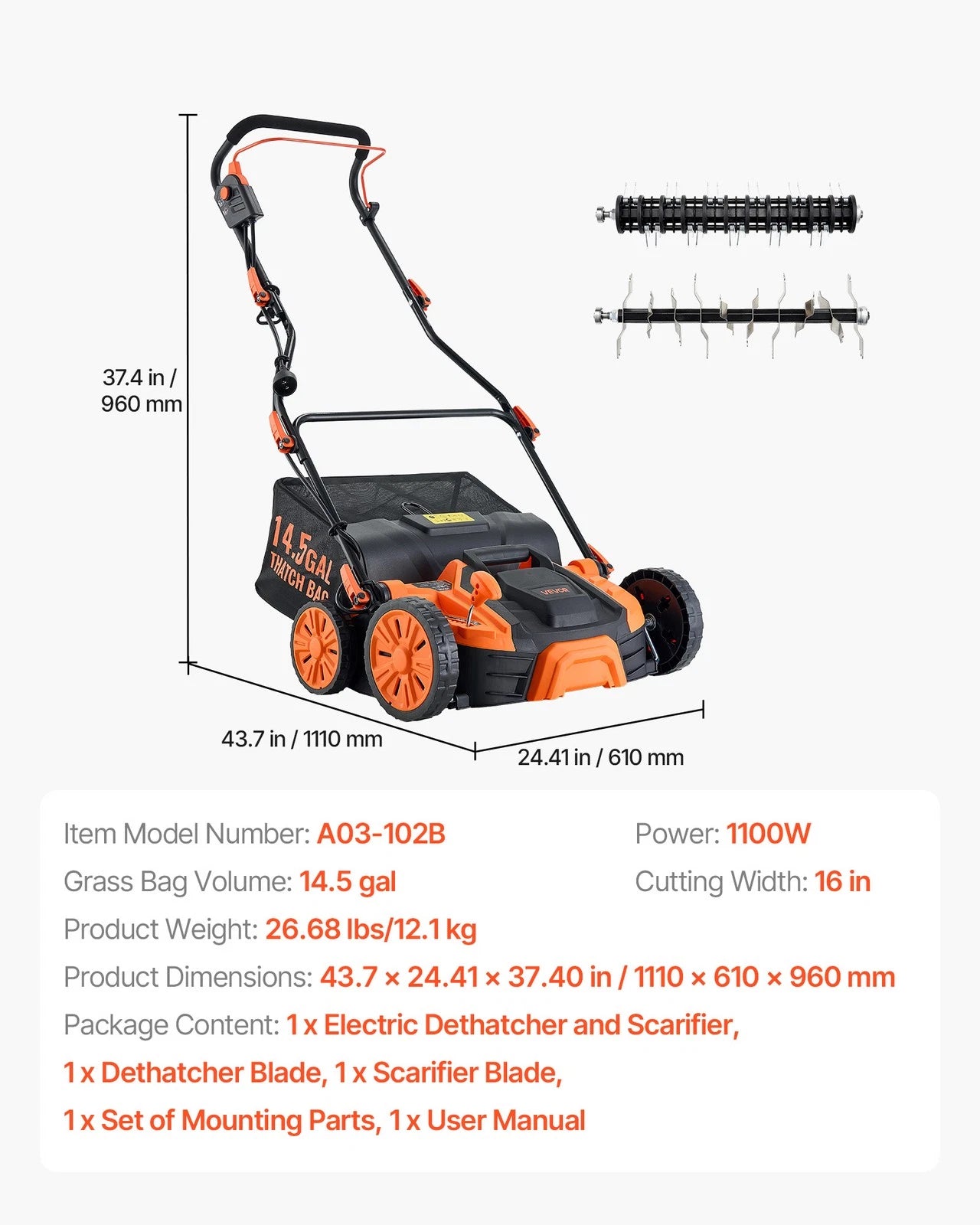 16in 15Amp Electric Dethatcher & Scarifier with 14.5Gal Collection Bag