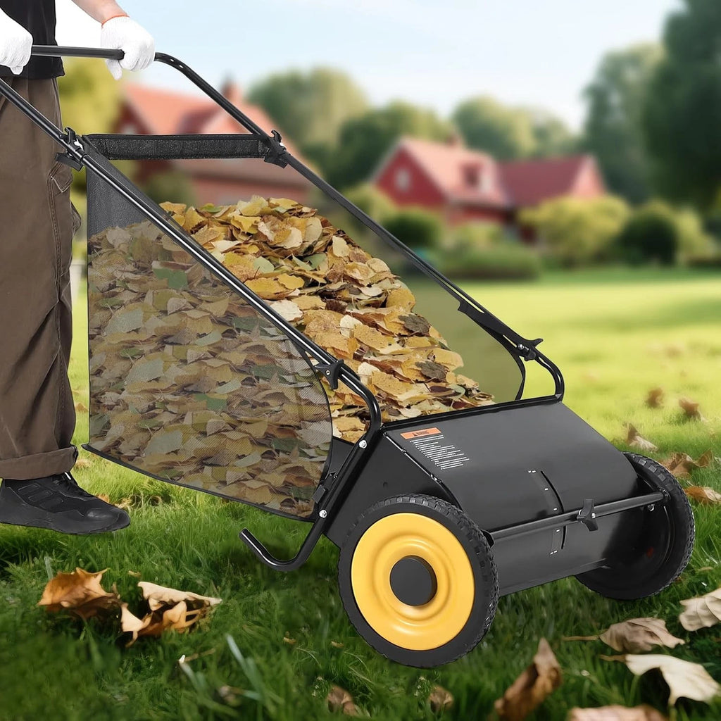 26in Push Lawn Sweeper 7FT³ Grass & Leaf Collector with 4 Spinning Brushes