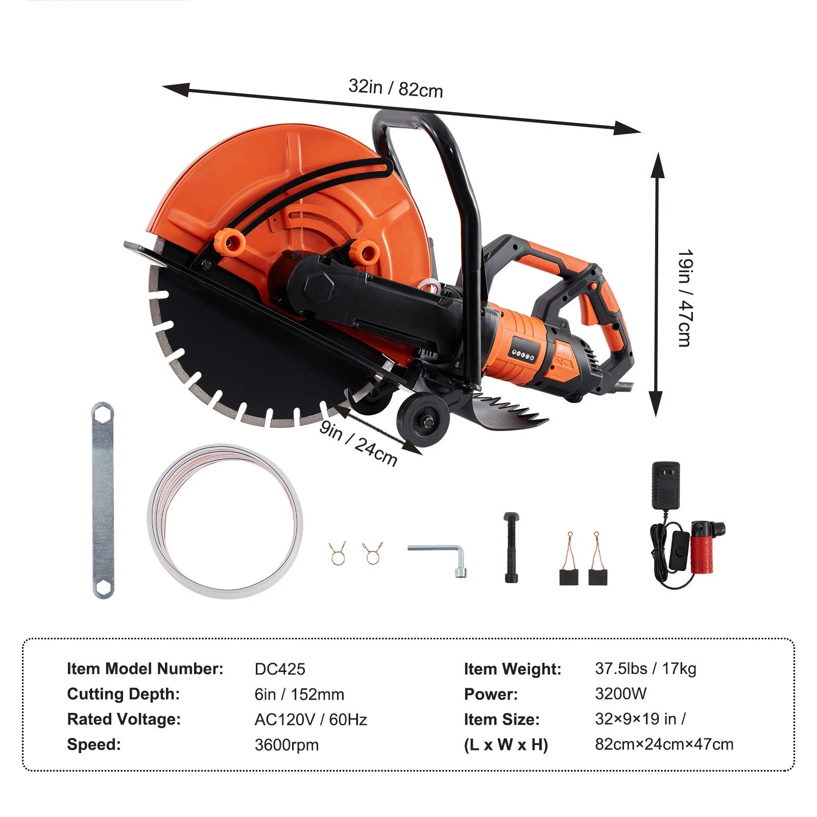 16in Electric Concrete Saw 3200W Wet Cut Circular Saw with 6in Depth