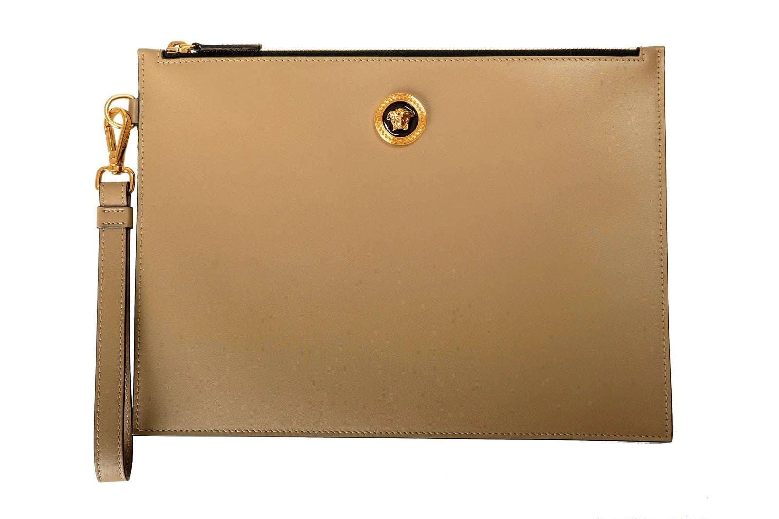 Versace Unisex Taupe Beige Leather Wristlet Clutch Handbag