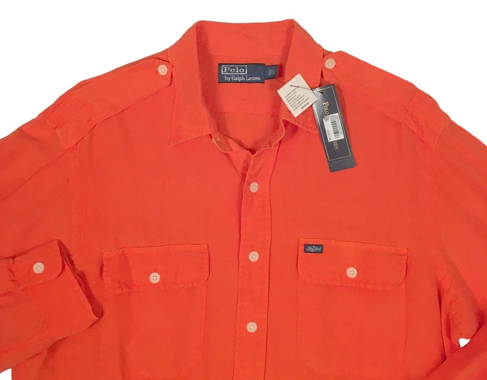 Polo Ralph Lauren Silk Linen Shirt Bright Orange Epaulets New $125