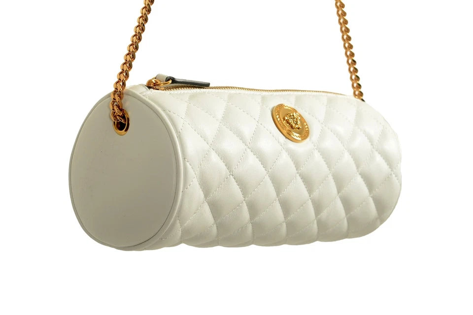 Versace Women's White Leather Medusa Quilted Shoulder Bag Gold Hardware