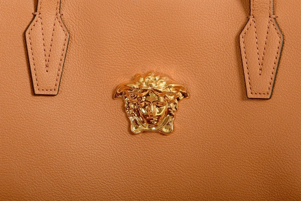 Versace Women's Cognac Grainy Leather Gold Medusa Tote Shoulder Bag