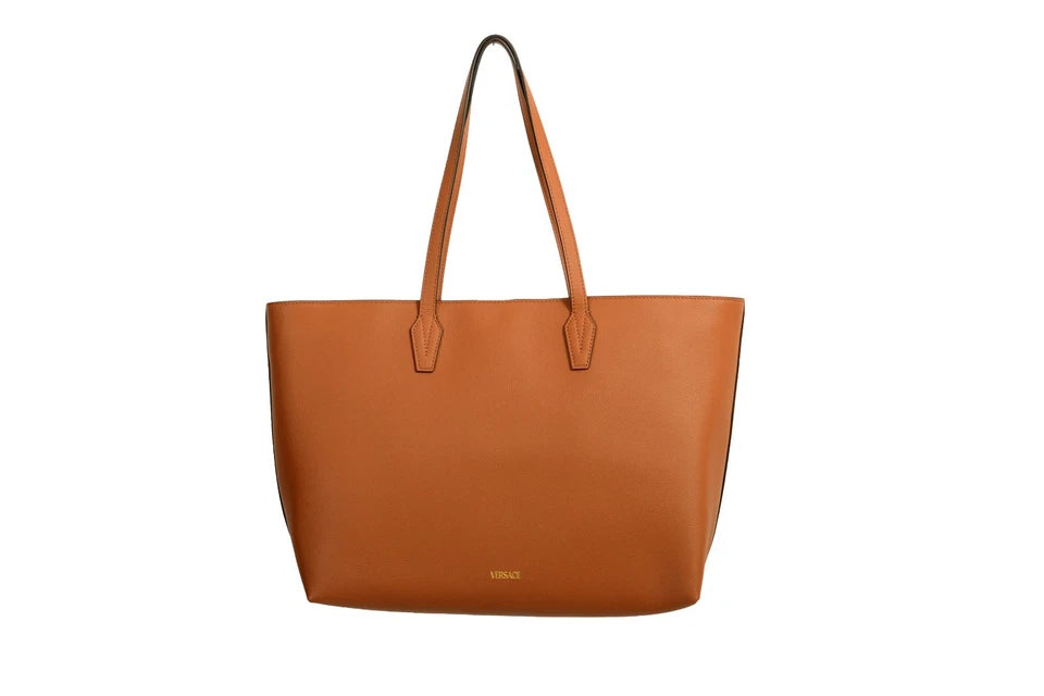 Versace Women's Cognac Grainy Leather Gold Medusa Tote Shoulder Bag