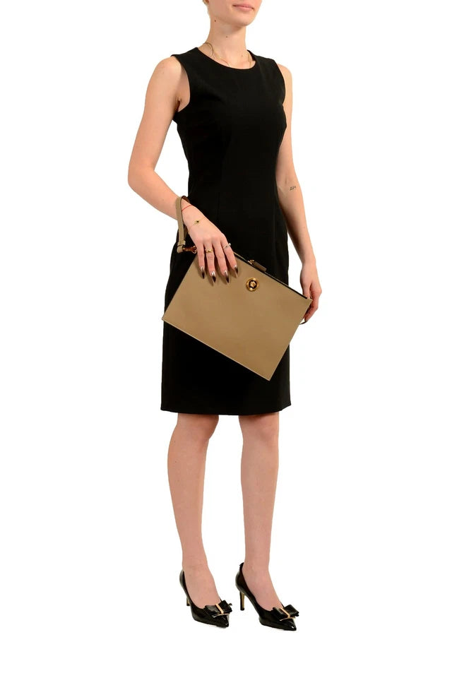 Versace Unisex Taupe Beige Leather Wristlet Clutch Handbag