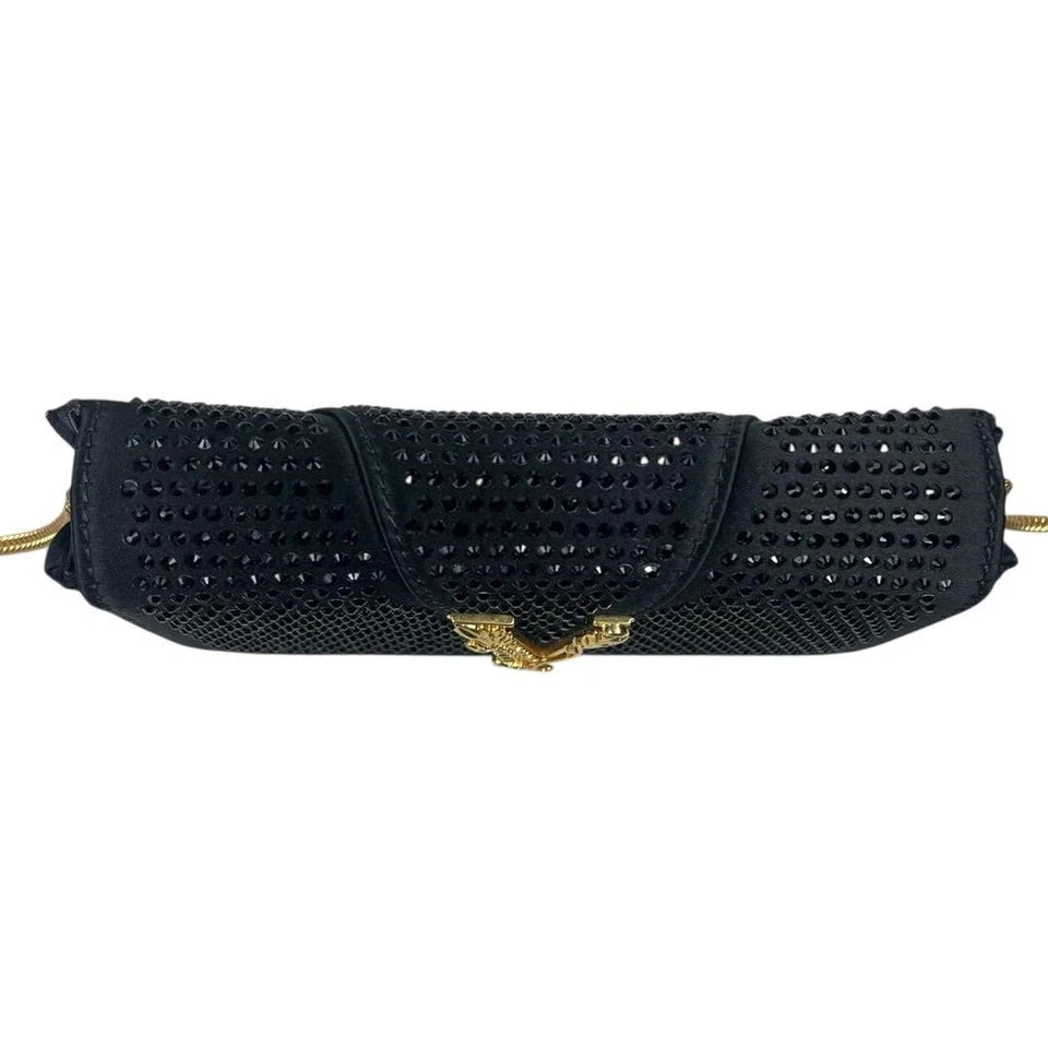 Authentic Versace Black Silk Leather Chain Shoulder Bag Pre-Owned
