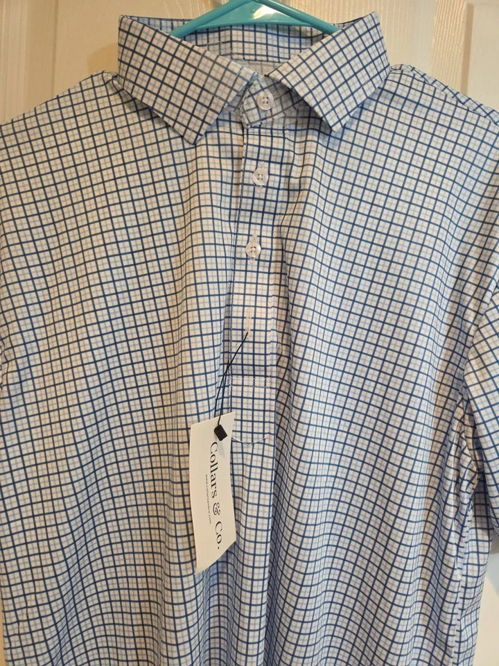 Collars & Co Semi-Spread Collar Polo Blue Tattersall NWT Men's Shirt