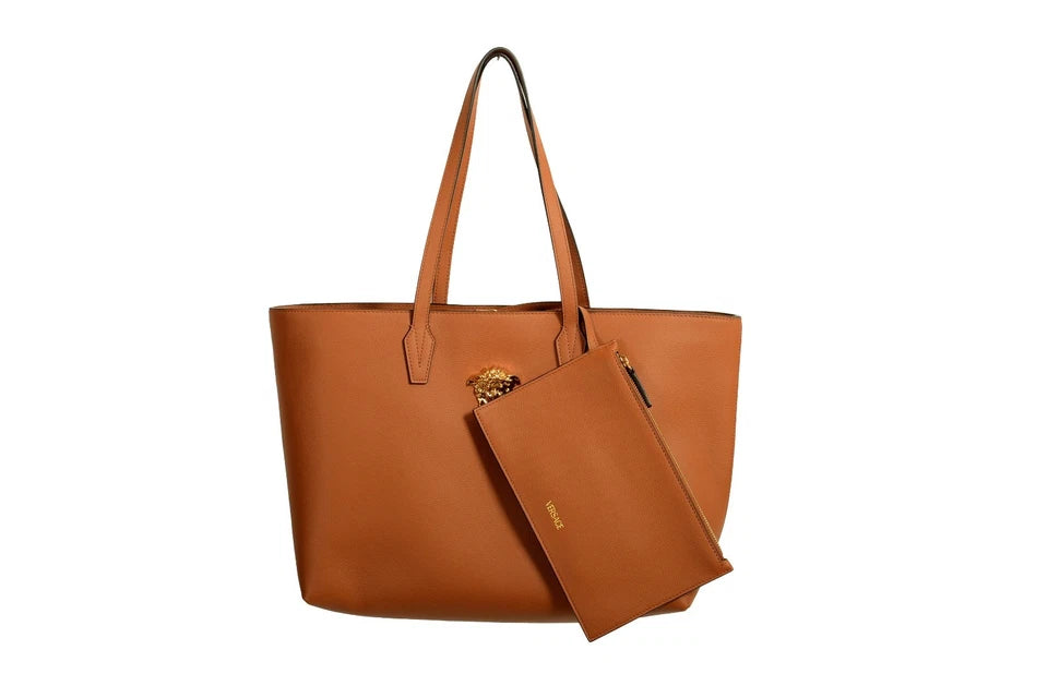 Versace Women's Cognac Grainy Leather Gold Medusa Tote Shoulder Bag