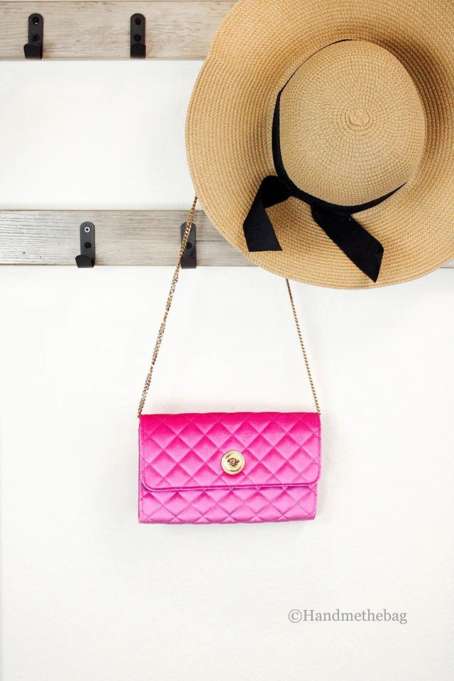 Versace Medusa Fuchsia Quilted Crossbody Clutch Evening Handbag