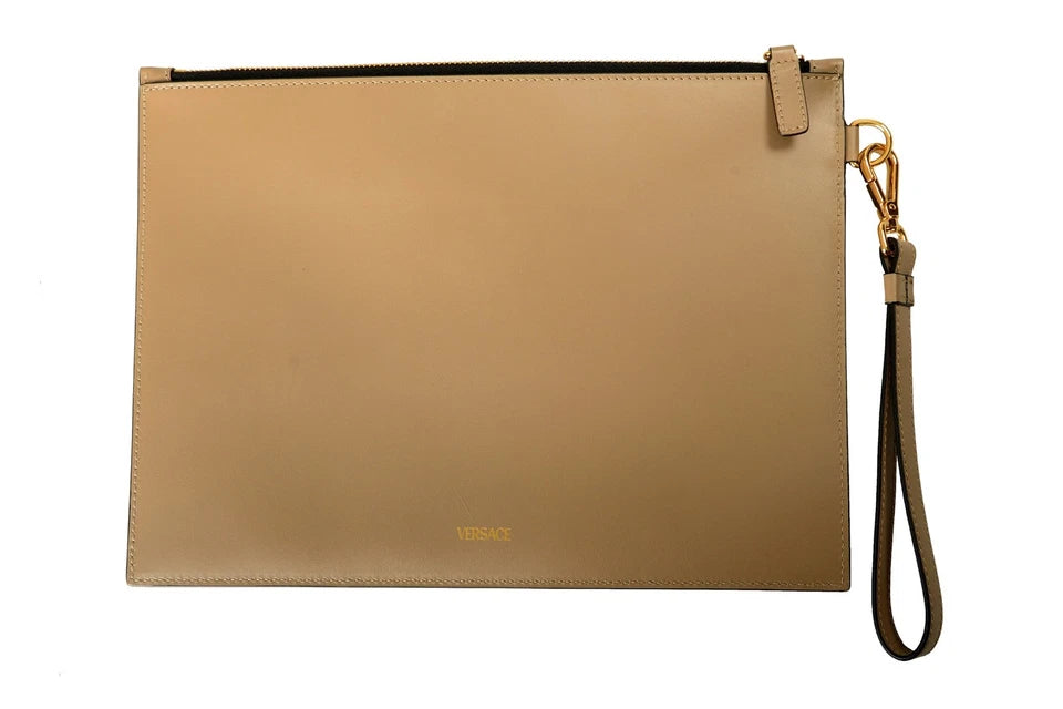Versace Unisex Taupe Beige Leather Wristlet Clutch Handbag