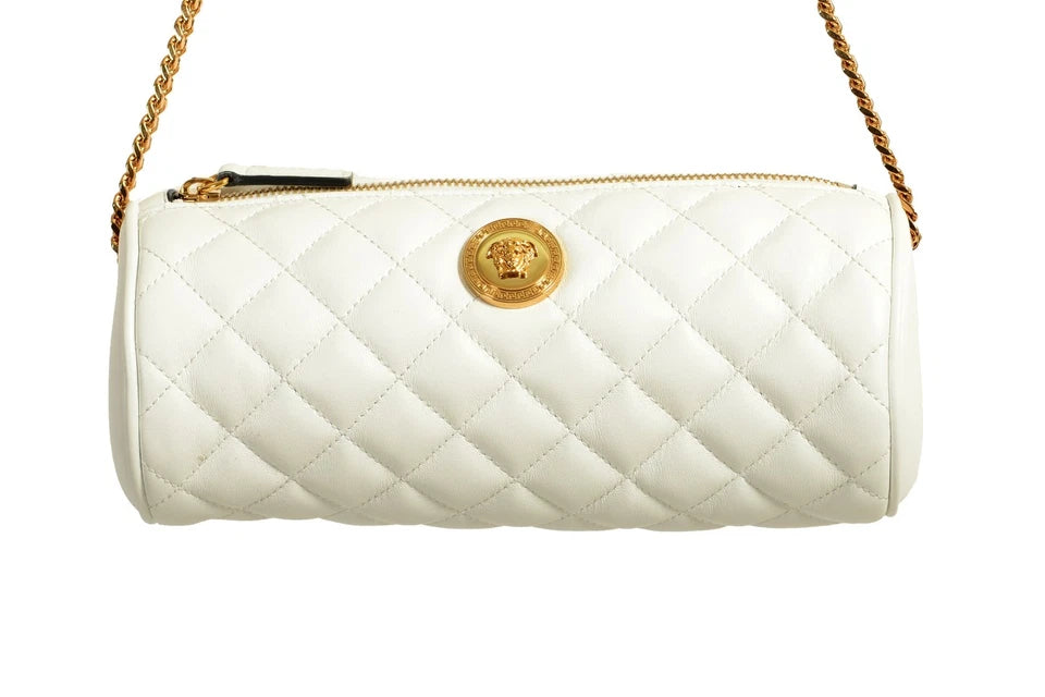Versace Women's White Leather Medusa Quilted Shoulder Bag Gold Hardware
