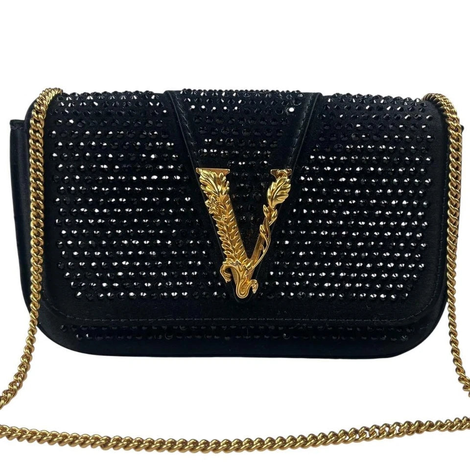 Authentic Versace Black Silk Leather Chain Shoulder Bag Pre-Owned