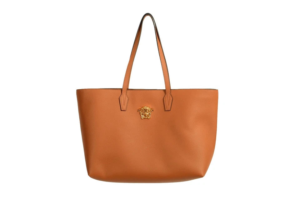 Versace Women's Cognac Grainy Leather Gold Medusa Tote Shoulder Bag