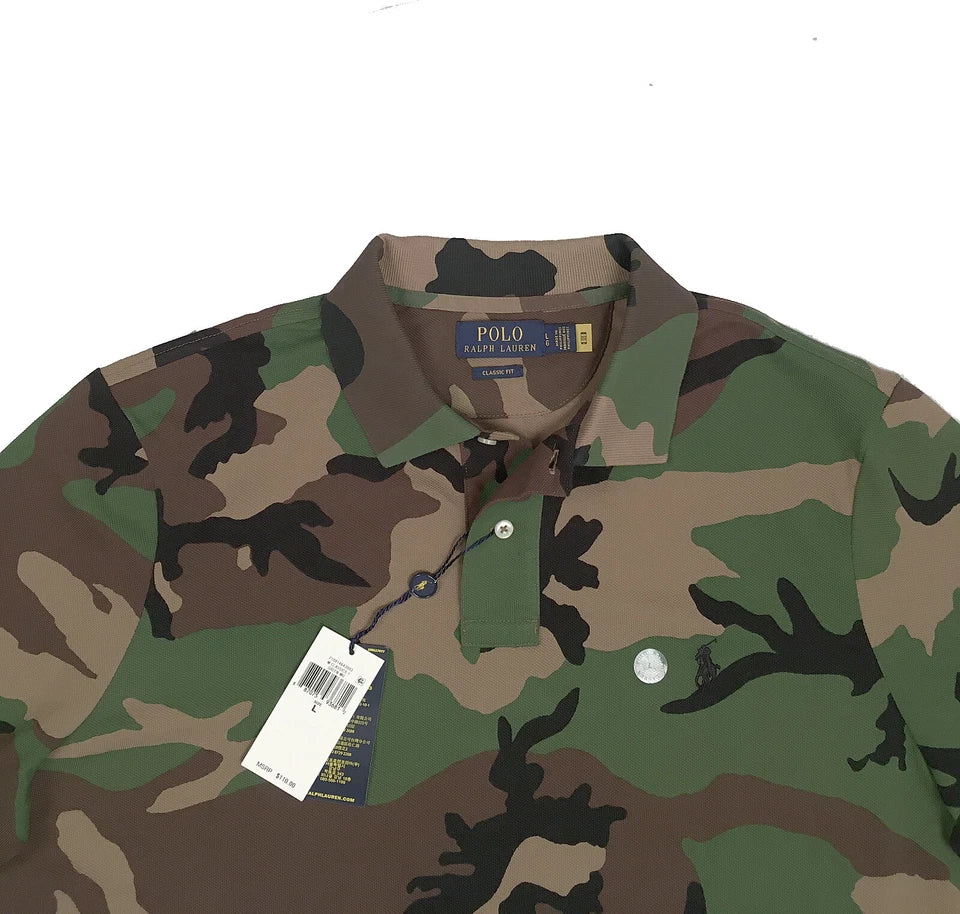 Polo Ralph Lauren Camo Polo Shirt Green Brown Classic Fit Black Pony New