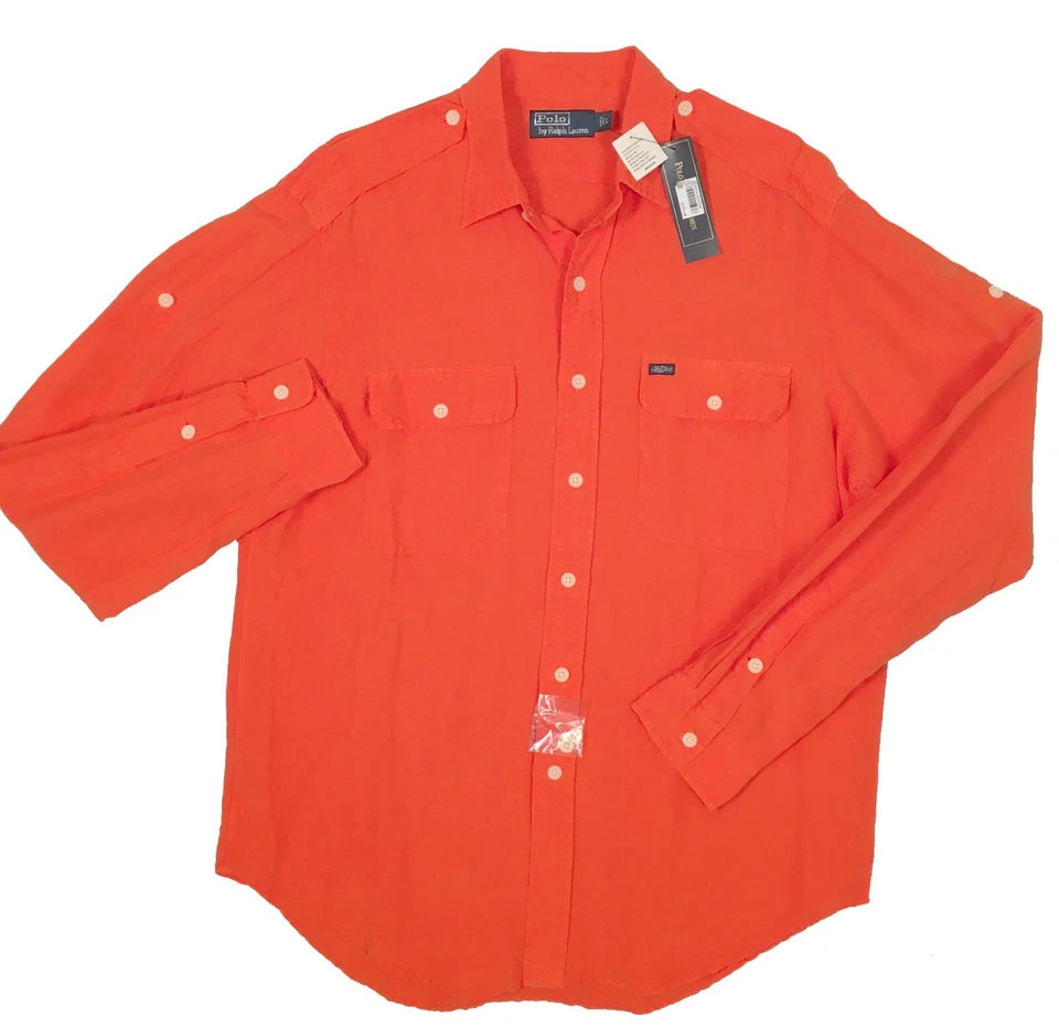Polo Ralph Lauren Silk Linen Shirt Bright Orange Epaulets New $125