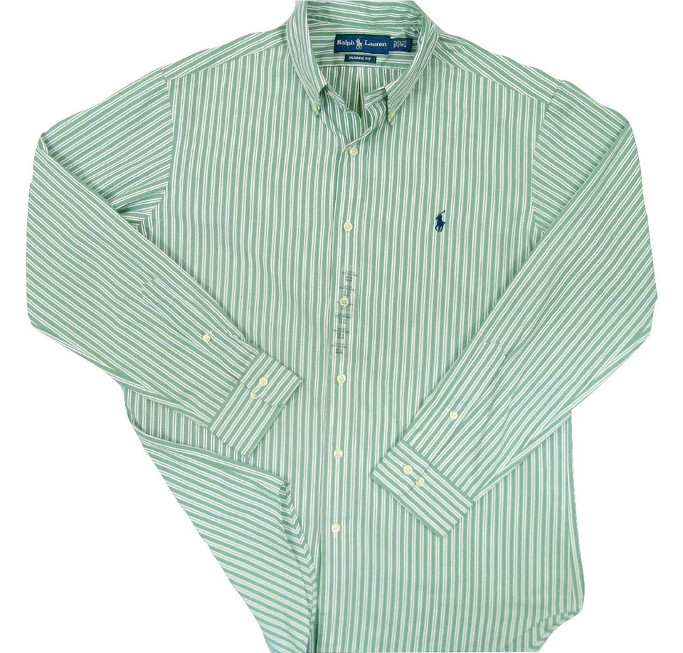 Polo Ralph Lauren Classic Fit Button Down Shirt White Green Stripe New